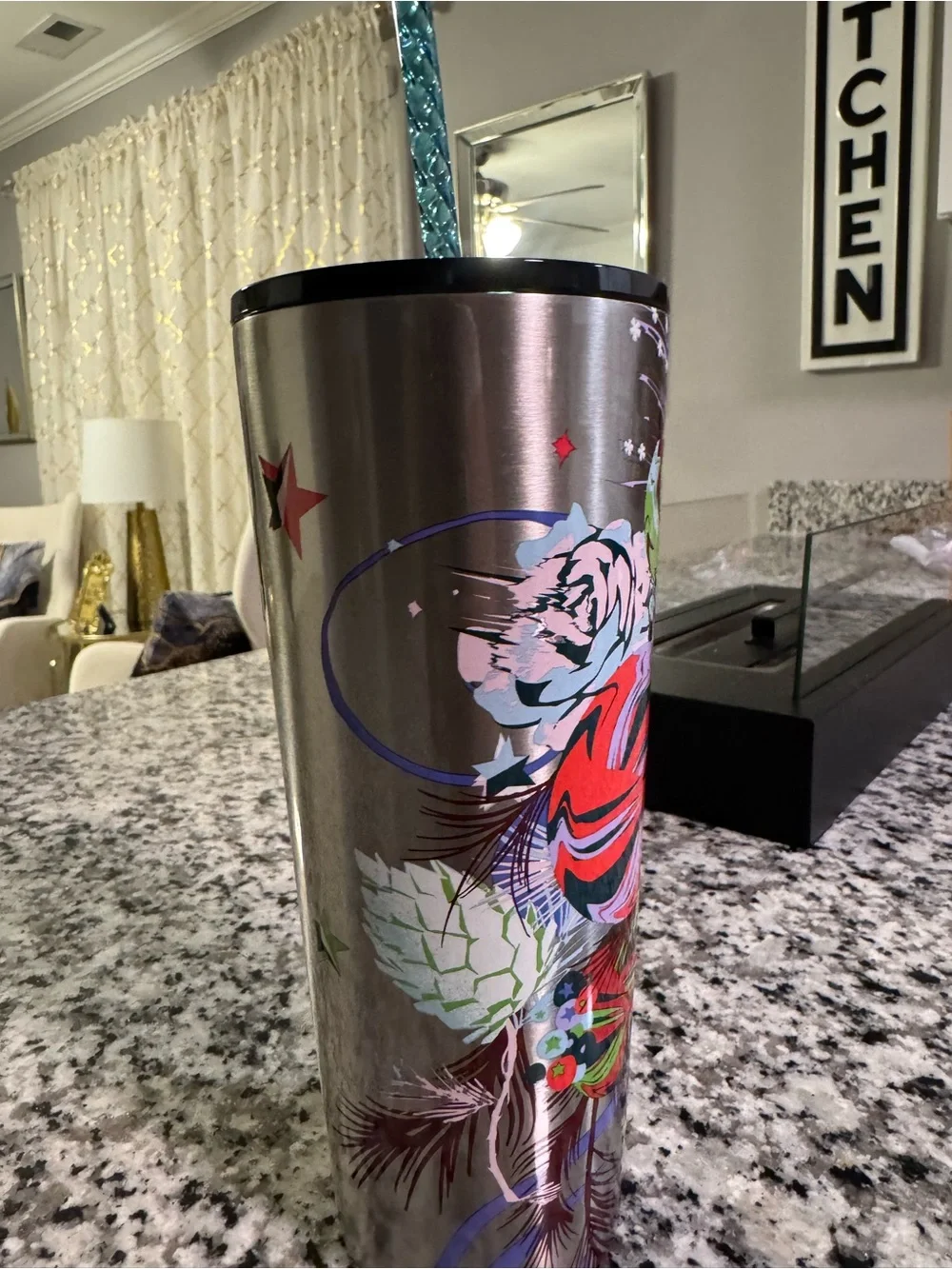 Starbucks Silver Stainless Travel Tumbler with Multicolor Star Accents